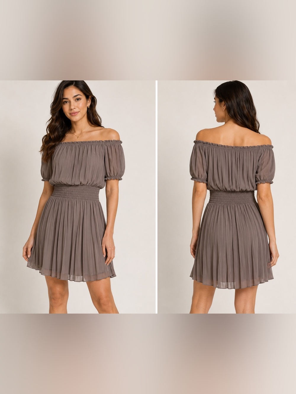 Max Studio Taupe One-Shoulder Smocked Waist Mini Dress